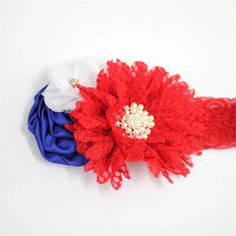 Elegant Chiffon Beaded Baby Hair Accessories featuring a red and blue flower headband with lace details, perfect for patriotic events.