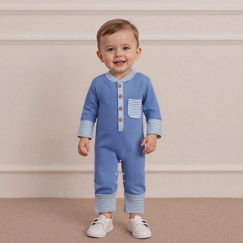 Hudson Button-Down Stripe Romper in blue on a toddler, showcasing a cozy cotton blend outfit with a cute front pocket and snap legs for easy diaper changes.