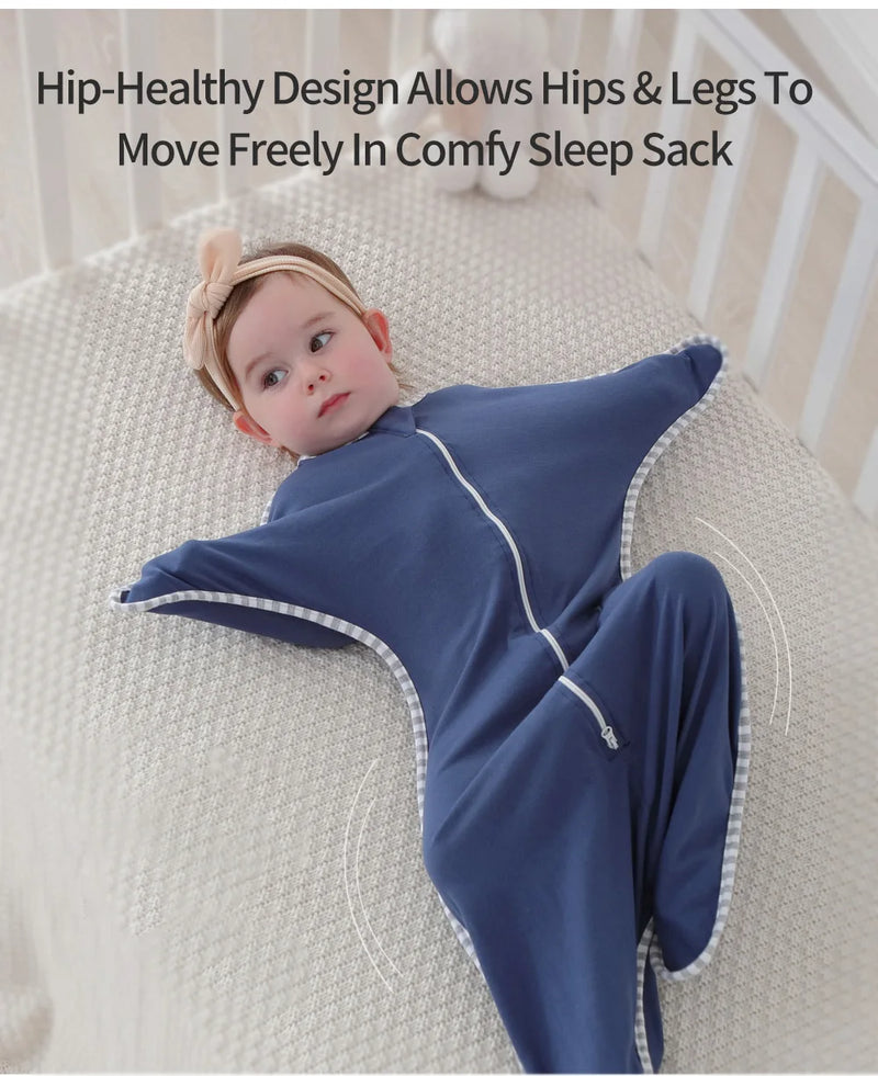 Demonstration of hip-healthy design in the Cozy Cotton Anti-Kick Calming Baby Sleeping Sack for free leg movement.