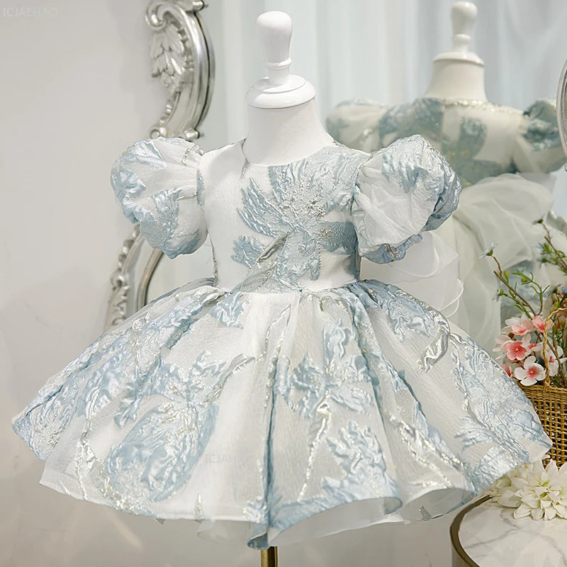 Claire Party Dress Brocade With Puff Sleeves For Girls - The Palm Beach Baby Estimated 12 - 20 Day Shipping