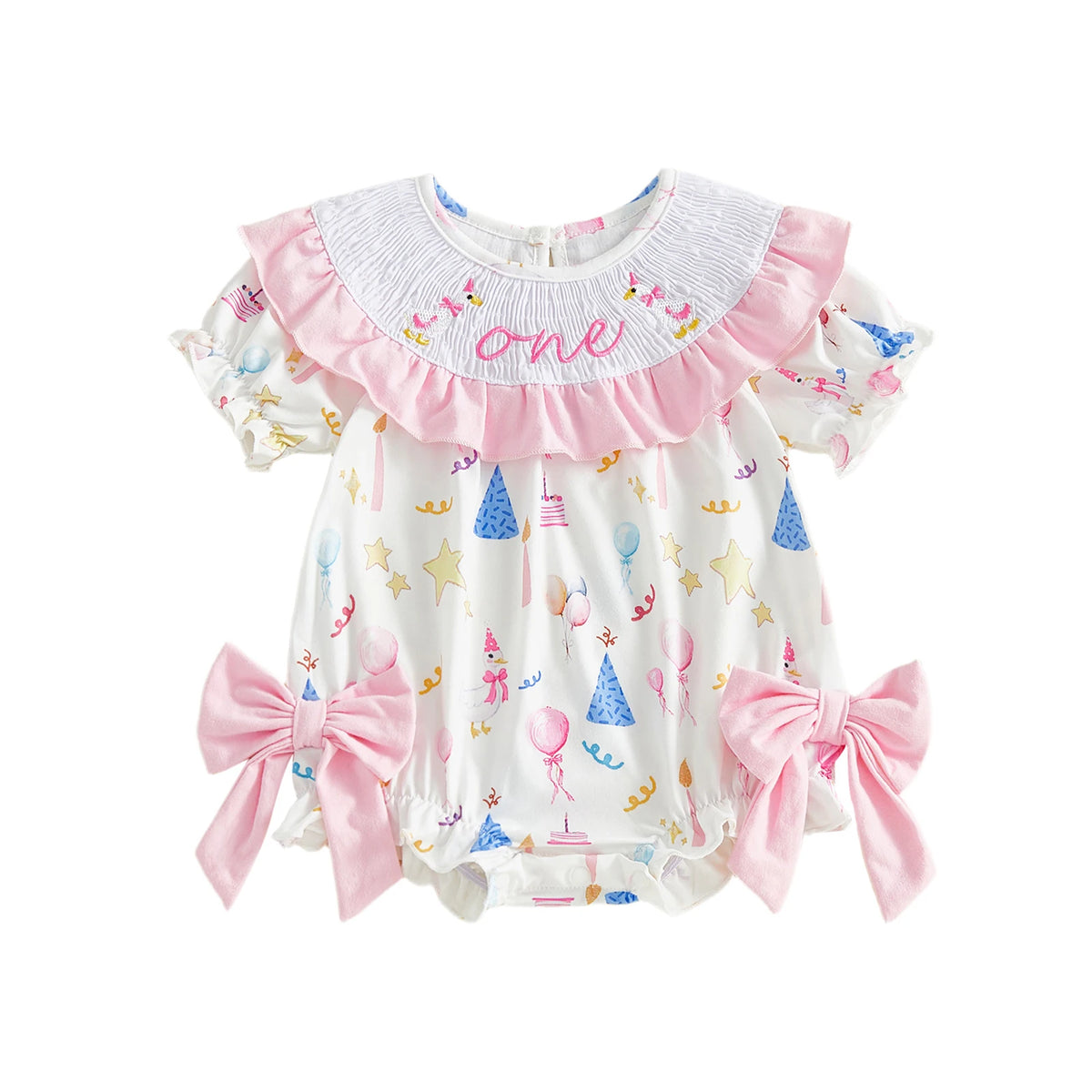 Birthday Frills Smocked Bubble Romper With Adorable Bows - The Palm Beach Baby Estimated 12 - 20 Day Shipping
