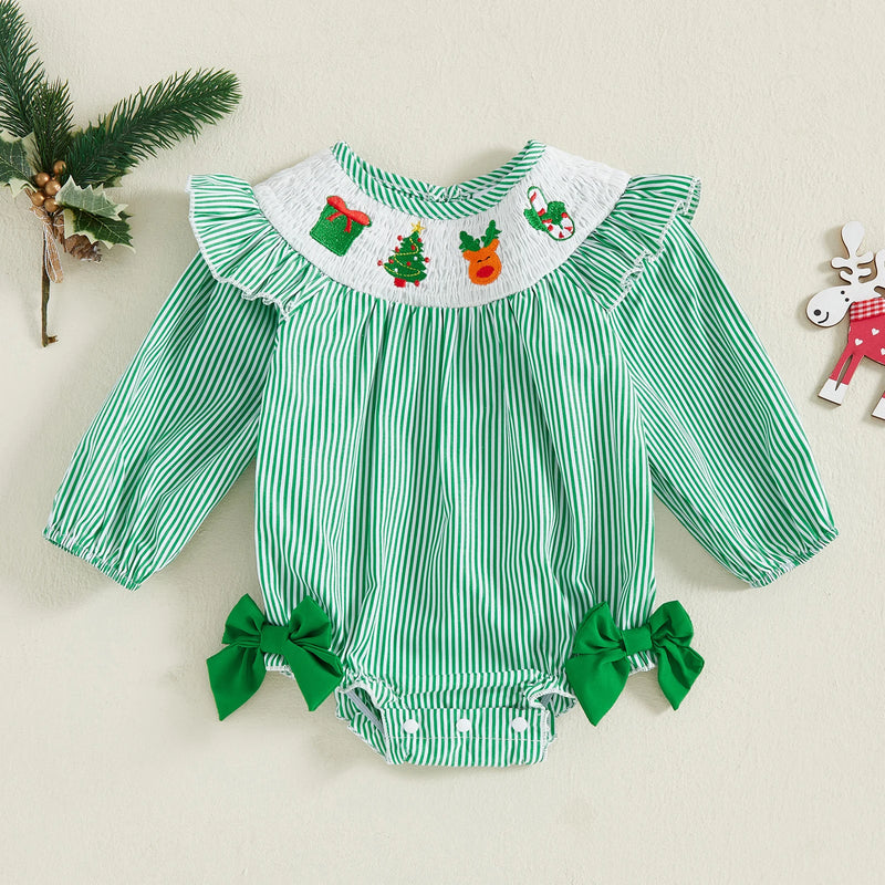 Bows and Stripes Smocked Christmas Bubble - 2 Holiday Colors