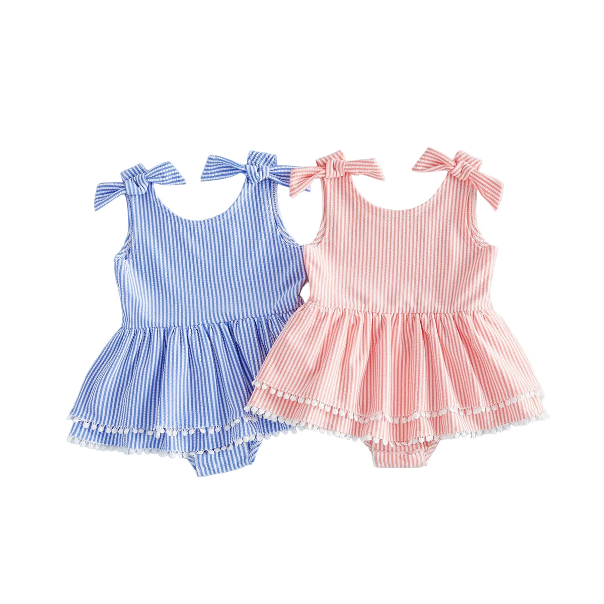 Seersucker stripe frilly romper/swimsuit for babies to toddlers blue or pink tassel accents sleeveless with leg-snaps