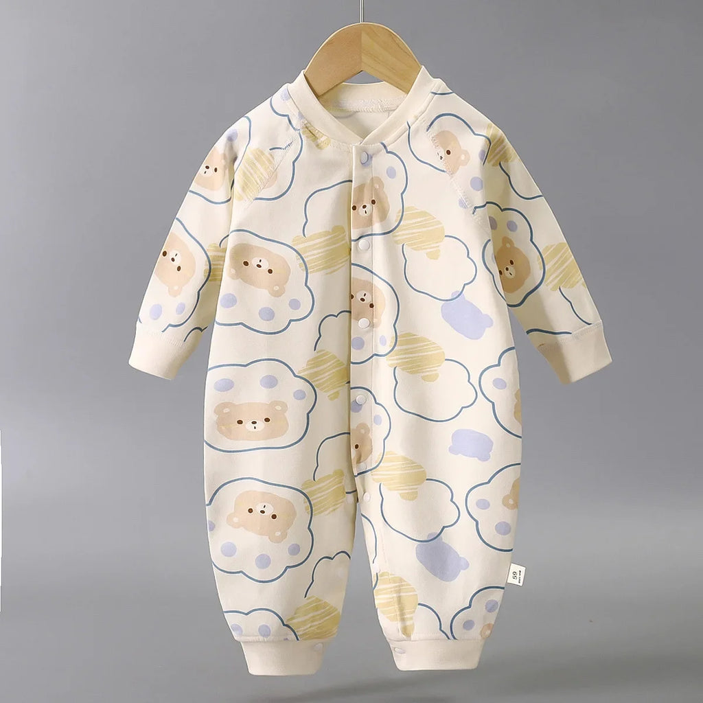 Precious Bear Print Romper for infants featuring a playful bear and cloud design in soft pastel colors, perfect for comfortable play and exploration.