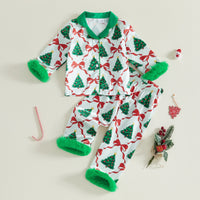 Girls Christmas pajama set with tree and bow print, green fur cuffs, and satin collar for holiday loungewear.