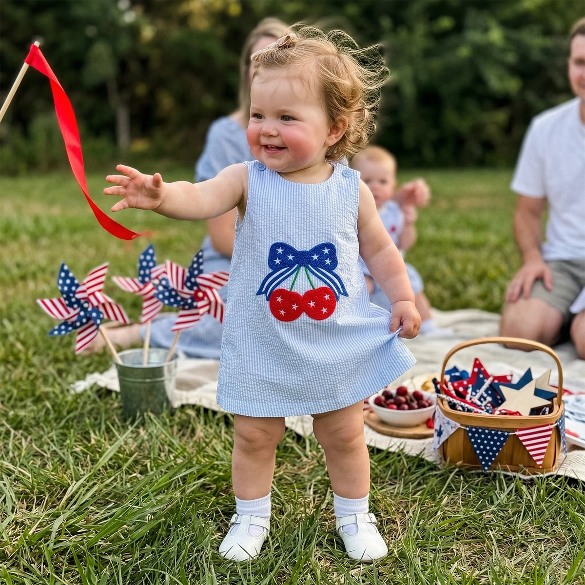 Little Girls Summer Dress in Patriotic Seersucker Style - The Palm Beach Baby Estimated 12 - 20 Day Shipping