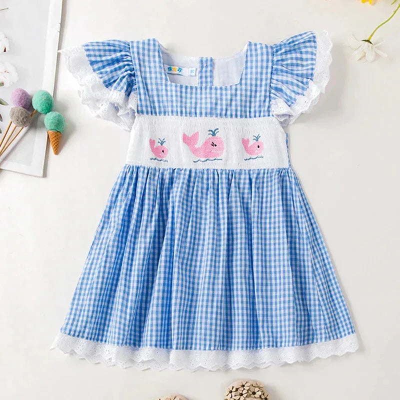 'Whale of Time' Children's Embroidered Dress with Pink Whales - The Palm Beach Baby