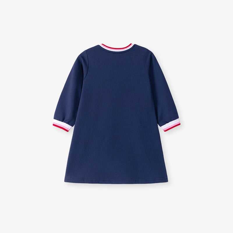 Back view of the A Fruit a Day Adorable Preppy Navy A-Line Dress, showcasing its simple yet stylish design with comfortable sleeves.