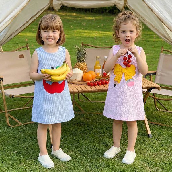 Two young girls in blue and pink seersucker sleeveless embroidered dresses posing at a sunny outdoor picnic by a table.
