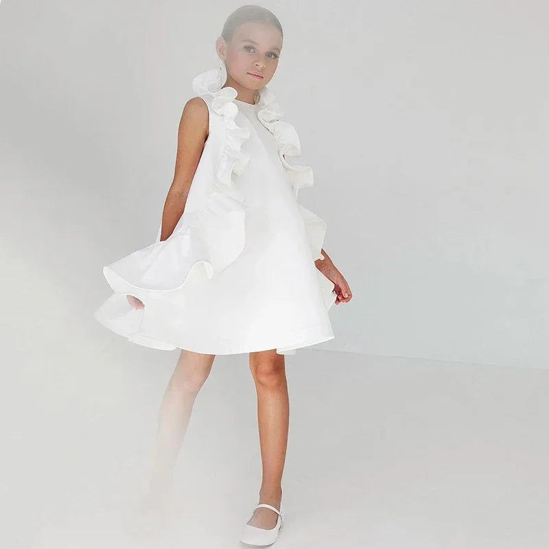 Peyton Chic Couture Dress for Girls 13 Months - 12 Years, Elegant A-Line Design, White with Ruffles - The Palm Beach Baby