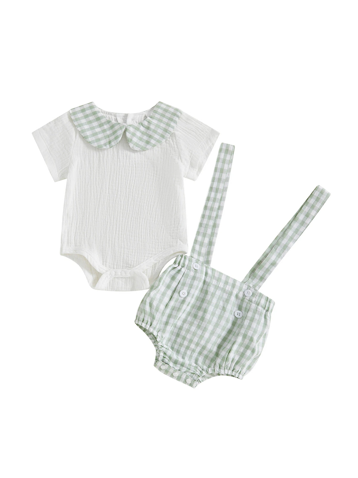 Two-piece boys' outfit: white romper with mint-green gingham collar and matching gingham shorts with suspenders.