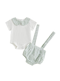 Two-piece boys' outfit: white romper with mint-green gingham collar and matching gingham shorts with suspenders.
