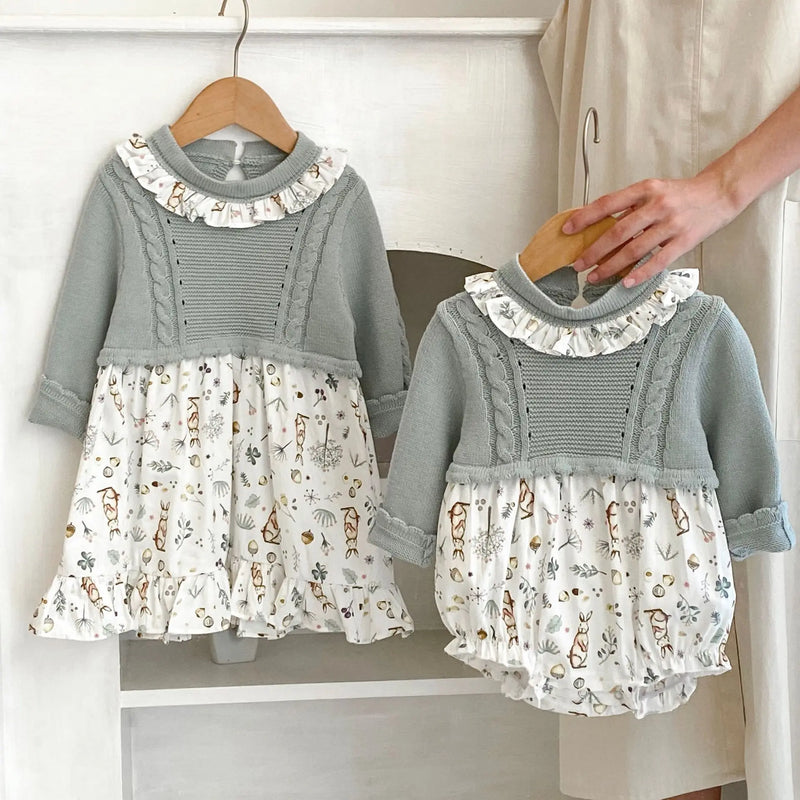 Amelia Bunny Print Dress - Cute dress featuring a bunny pattern and ruffled neckline, perfect for children.