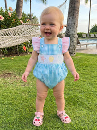 Take Me Out To The Seashore romper: Baby to Toddler, blue gingham, pink flutter sleeves, embroidered sea creatures.
