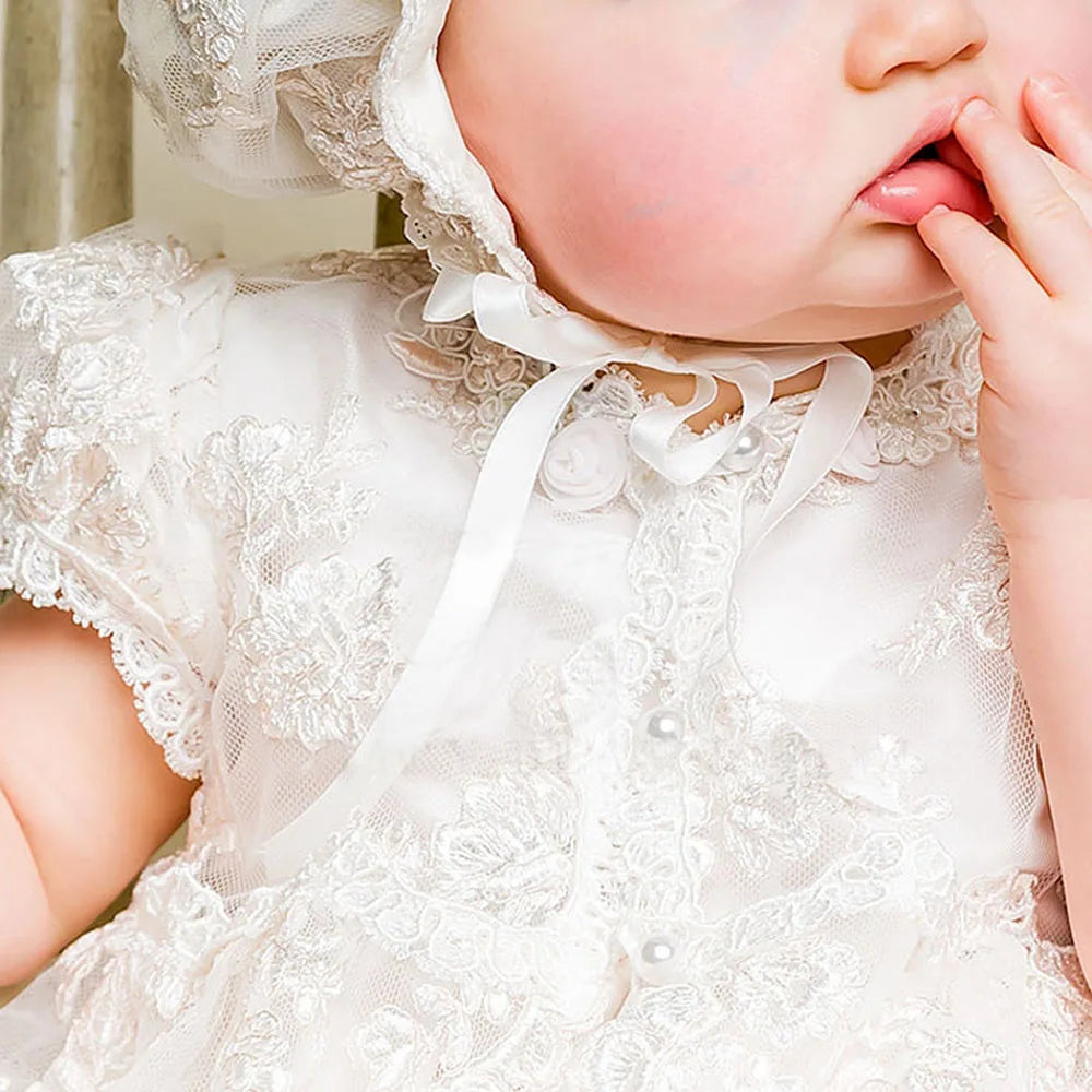 Alyssa Vintage Lace Baptism Gown & Bonnet for Baby Girls