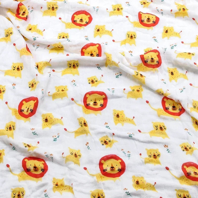 White two-layer bamboo-cotton baby swaddle blanket with yellow lion print pattern