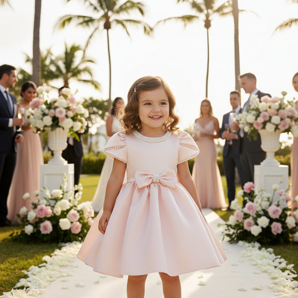 Pink dress on a mannequin with a decorative mirror and flowers in the background