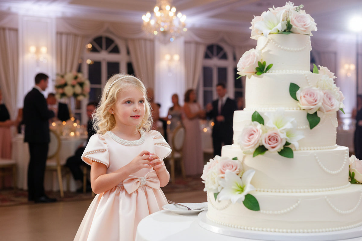 Pink dress on a mannequin with a decorative mirror and flowers in the background