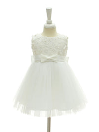 Adeline white tulle dress for girls with floral lace bodice and bow at the waist knee-length tulle skirt.