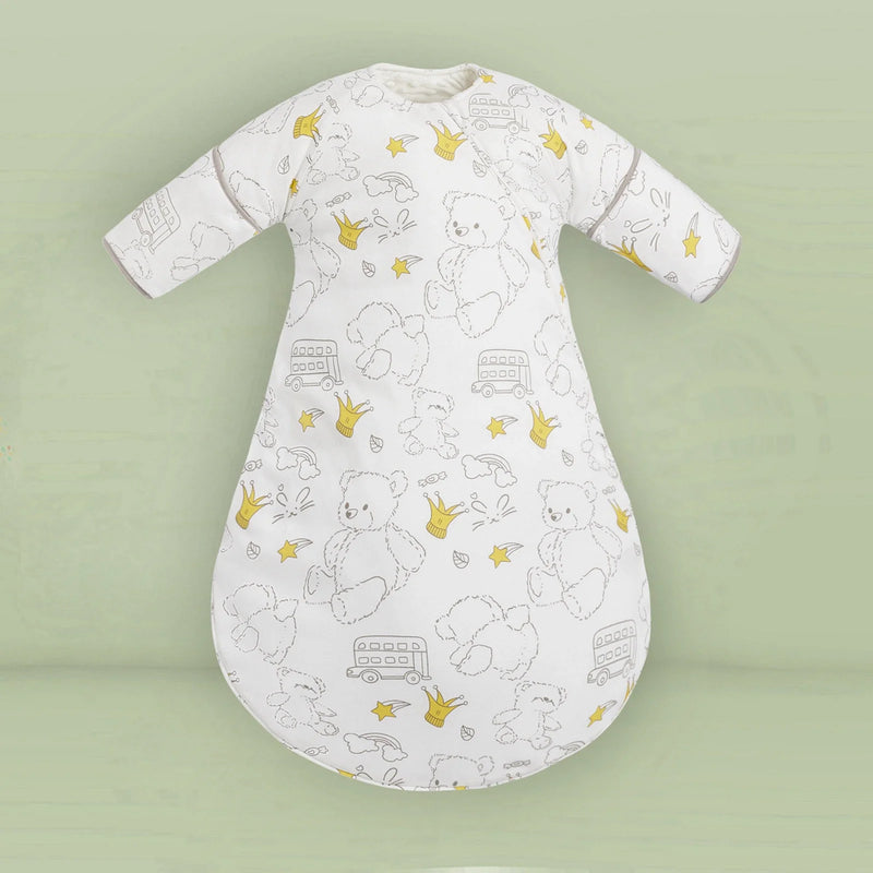 Cozy Baby Sleep Sack With Detachable Sleeves showcasing a charming bear print, designed for little ones’ nighttime comfort.