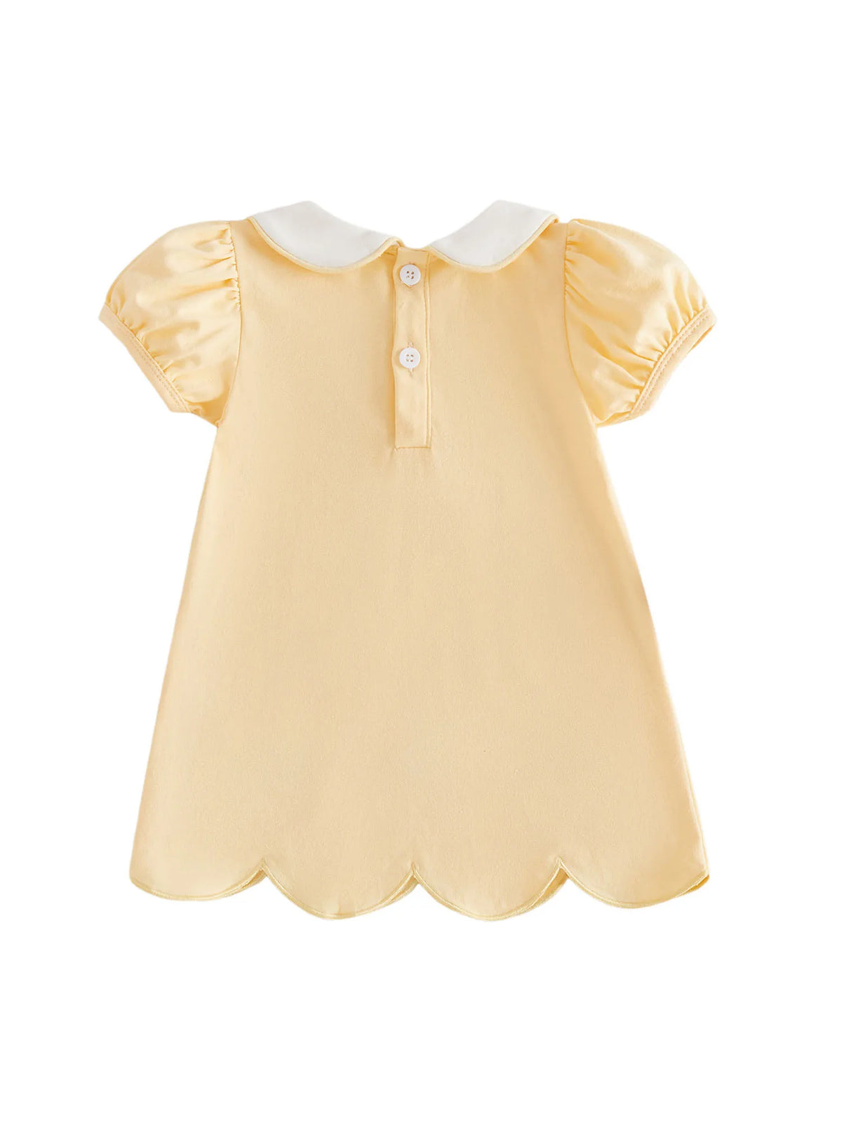 A pale yellow short-sleeve baby dress with a white Peter Pan collar and three white buttons, shown against a plain white background.