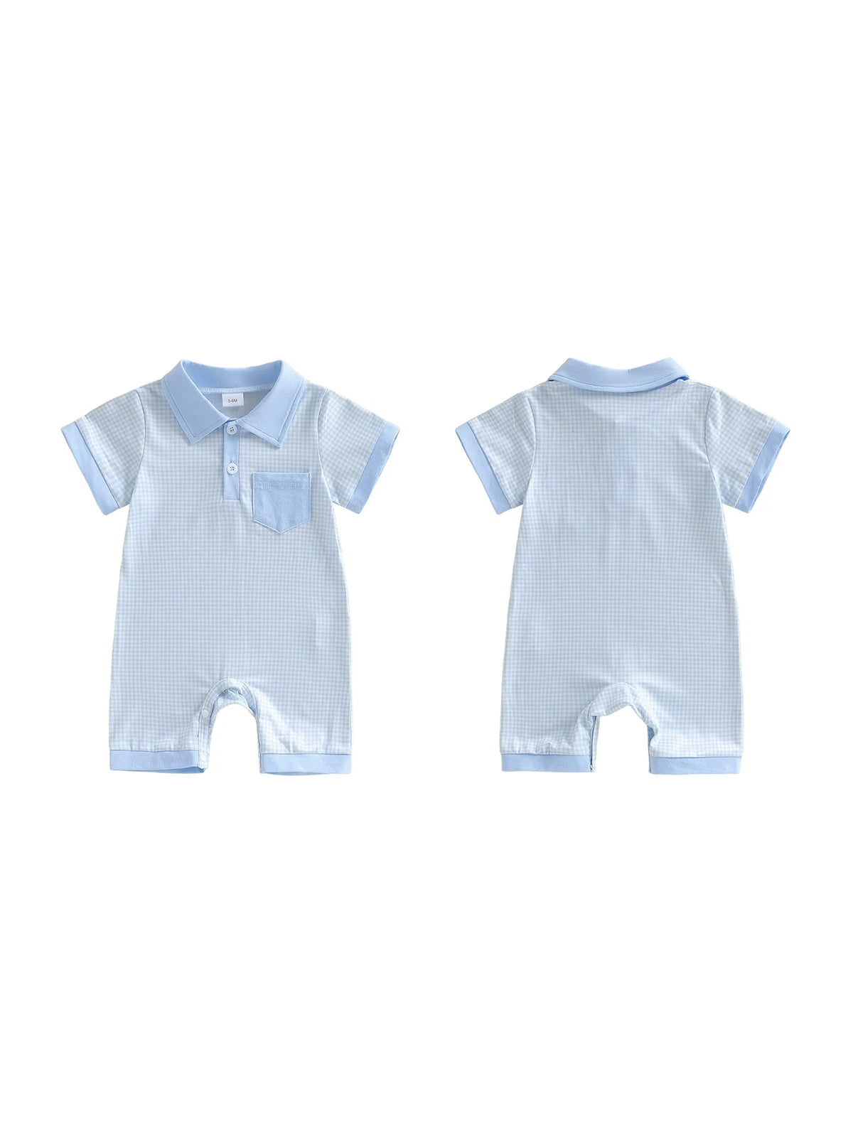 Colton Polo Boys Plaid Knit Romper with Pocket Detail, light blue, polo collar, short sleeves, front and back views.