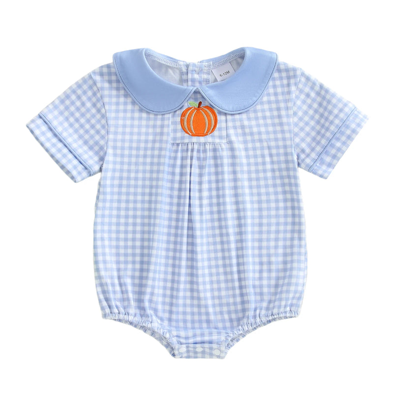 Front view of the "Pumpkin Folly" Embroidered Pumpkin Romper featuring a charming embroidered pumpkin on a blue and white check design.
