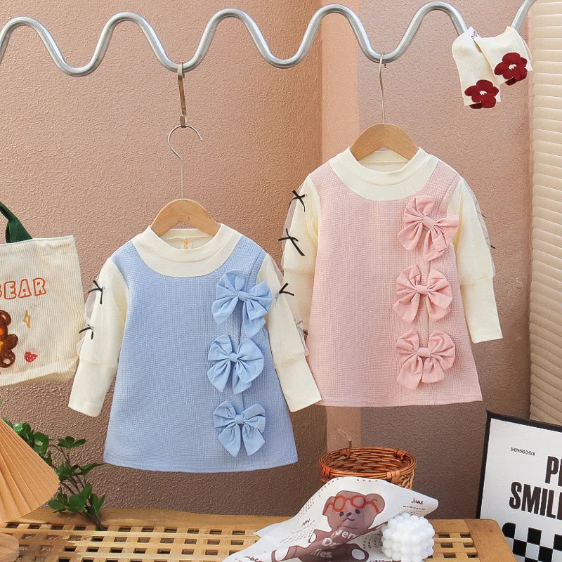 Girl's Dress 2024 Spring and Autumn New Girl's Bow Long sleeved Dress Baby Lace Casual Dress Birthday Party Performance Dress