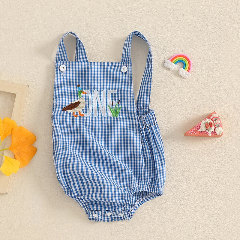 Duck themed birthday romper featuring blue and white check pattern with 'ONE' embroidery, perfect for baby celebrations.