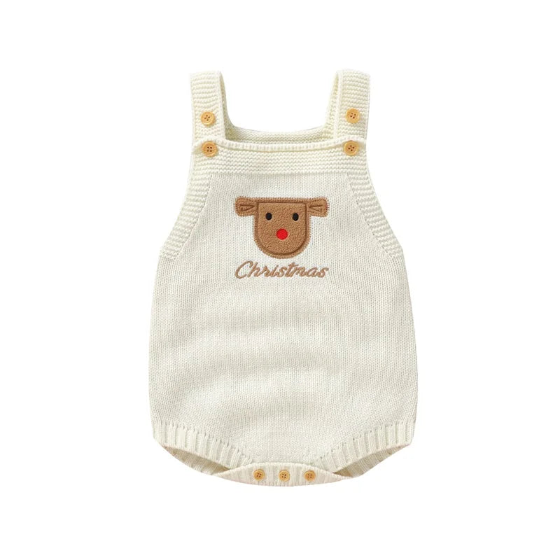 Happy Holidays Embroidered Knit Baby Bubble Overalls featuring a cute reindeer design, perfect for holiday celebrations.