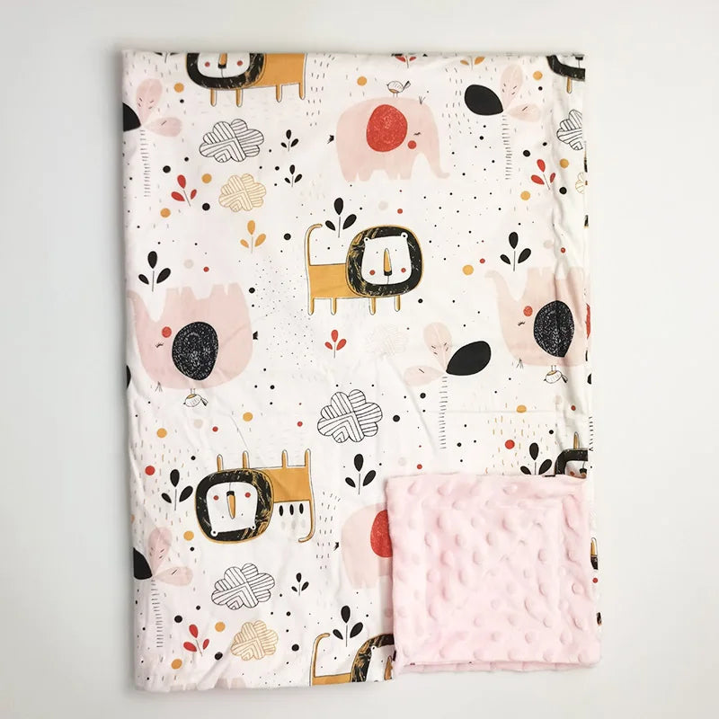 Soft baby Minky blanket featuring playful lions and elephants print. 100x75cm ultra-soft polyester cotton blend, perfect for toddlers and baby gifts.
