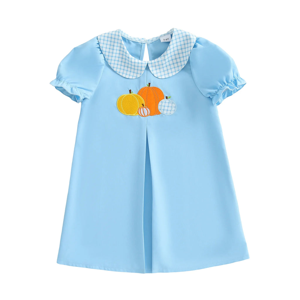 Pretty in Pumpkin Girls Embroidered Fall Dress - Newport Blue, featuring embroidered pumpkins and a playful Peter Pan collar, perfect for autumn occasions.