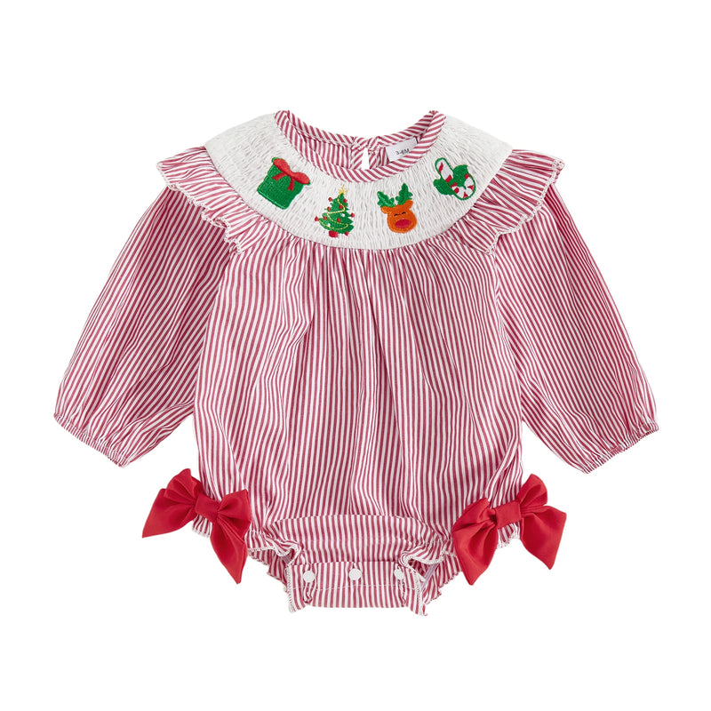Bows and Stripes Smocked Christmas Bubble - 2 Holiday Colors