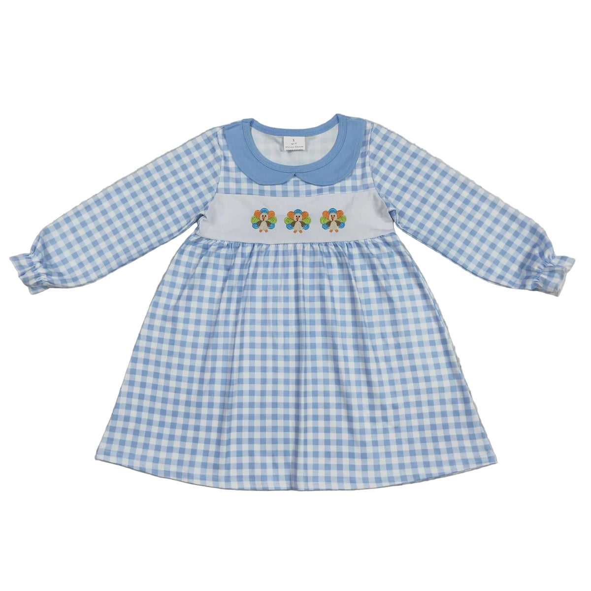 Blue gingham toddler dress with solid Peter Pan collar and three embroidered turkey appliqués on the chest for Thanksgiving.