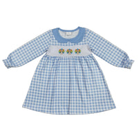 Blue gingham toddler dress with solid Peter Pan collar and three embroidered turkey appliqués on the chest for Thanksgiving.