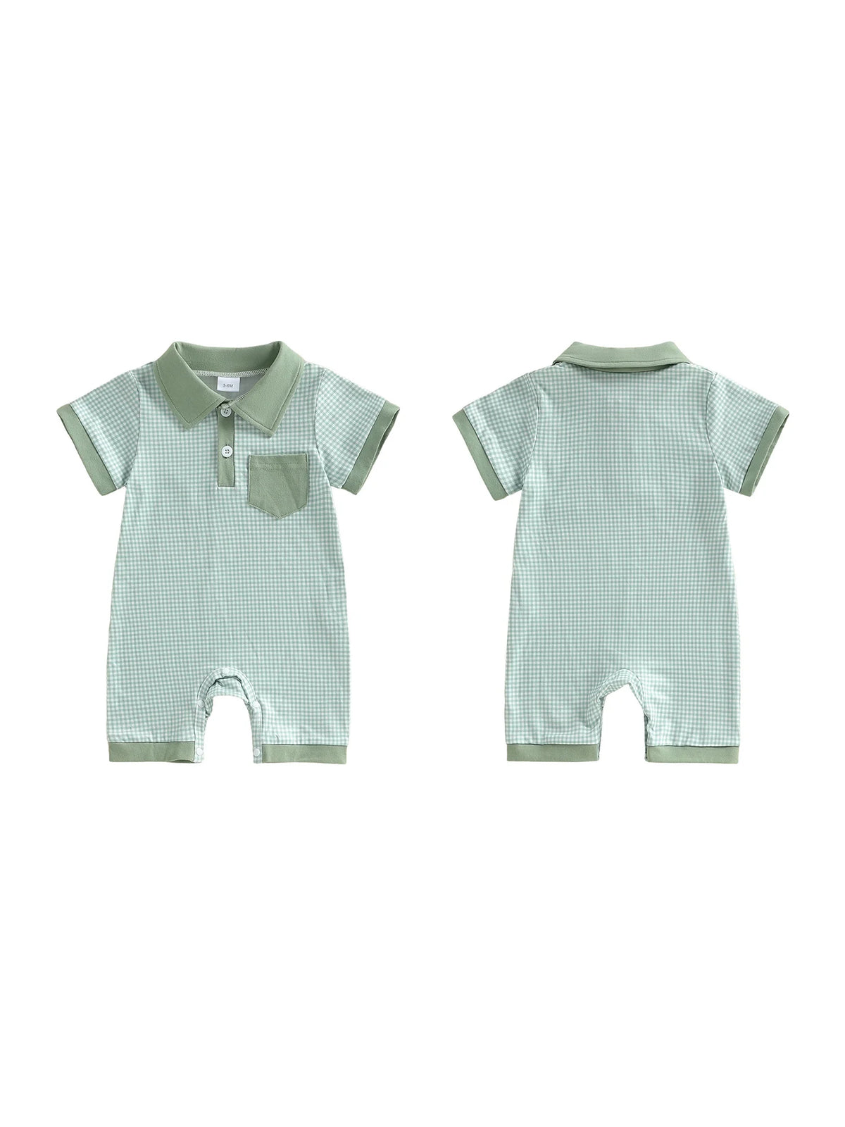 Colton Polo Boys Plaid Knit Romper with Pocket Detail, front and back views in green plaid.