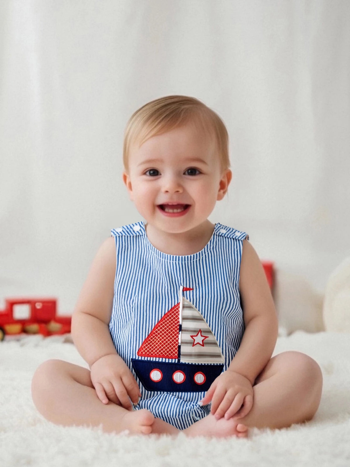 Little Sailboat Embroidered Boys Sleeveless Bubble - The Palm Beach Baby Estimated 12 - 20 Day Shipping