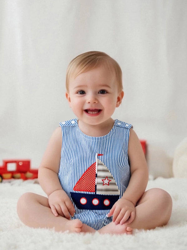 Little Sailboat Embroidered Boys Sleeveless Bubble - The Palm Beach Baby Estimated 12 - 20 Day Shipping