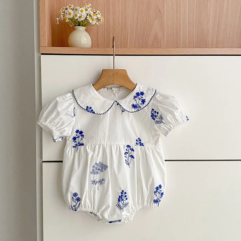 Blue Fleurs Peter Pan Collared Sibling Toddler Bubble Romper 1-24 mos. - The Palm Beach Baby Estimated 12 - 20 Day Shipping