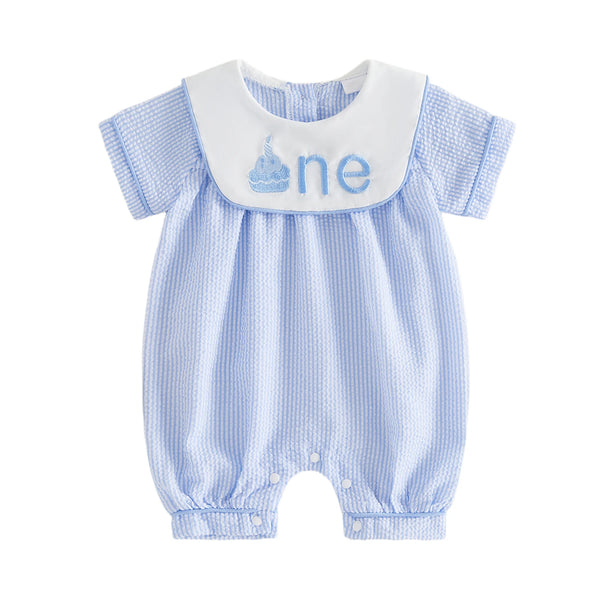 Blue checkered baby romper with 'one' print on a white background