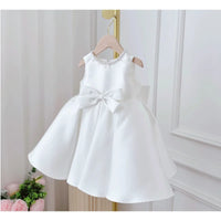 Patience Marie elegant beaded knee-length satin dress for girls, sleeveless with bow at the waist.