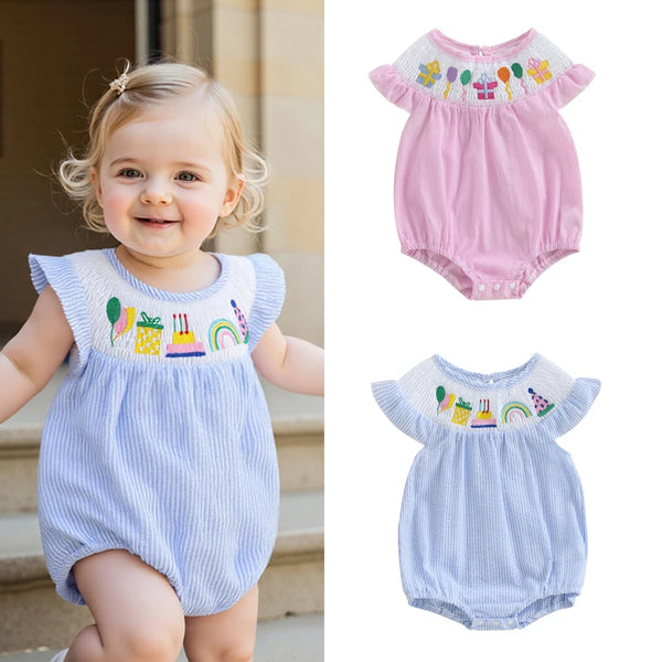 Newborn-18m girl in blue seersucker romper with flutter sleeves and birthday embroidery; snaps at legs; pink version.