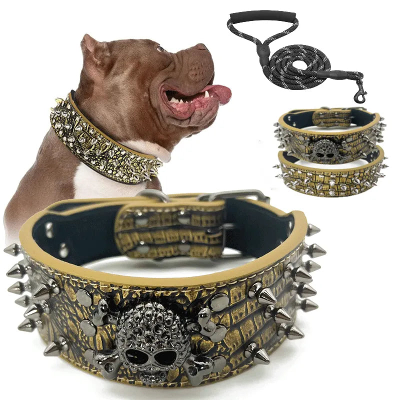 MACHO Pet - Skull Spiked Dog Collar And Leash Set