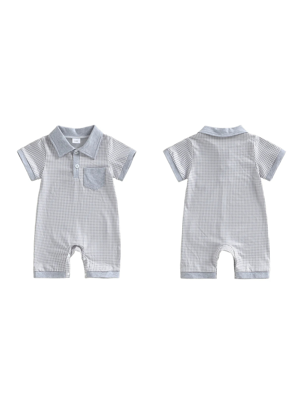 Colton Polo Boys plaid knit romper with pocket detail, turn-down collar, short sleeves and leg snaps.