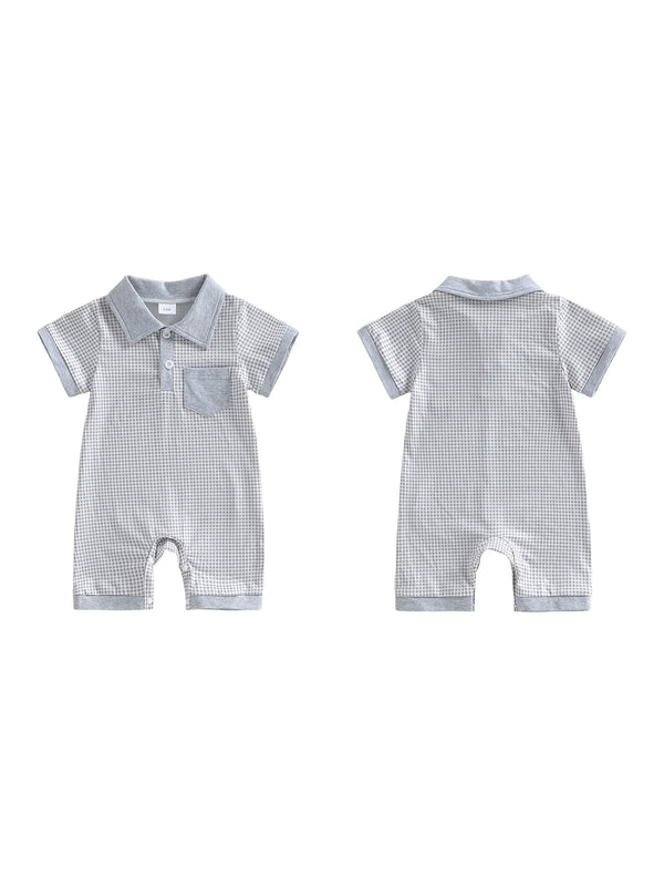Colton Polo Boys plaid knit romper with pocket detail, turn-down collar, short sleeves and leg snaps.