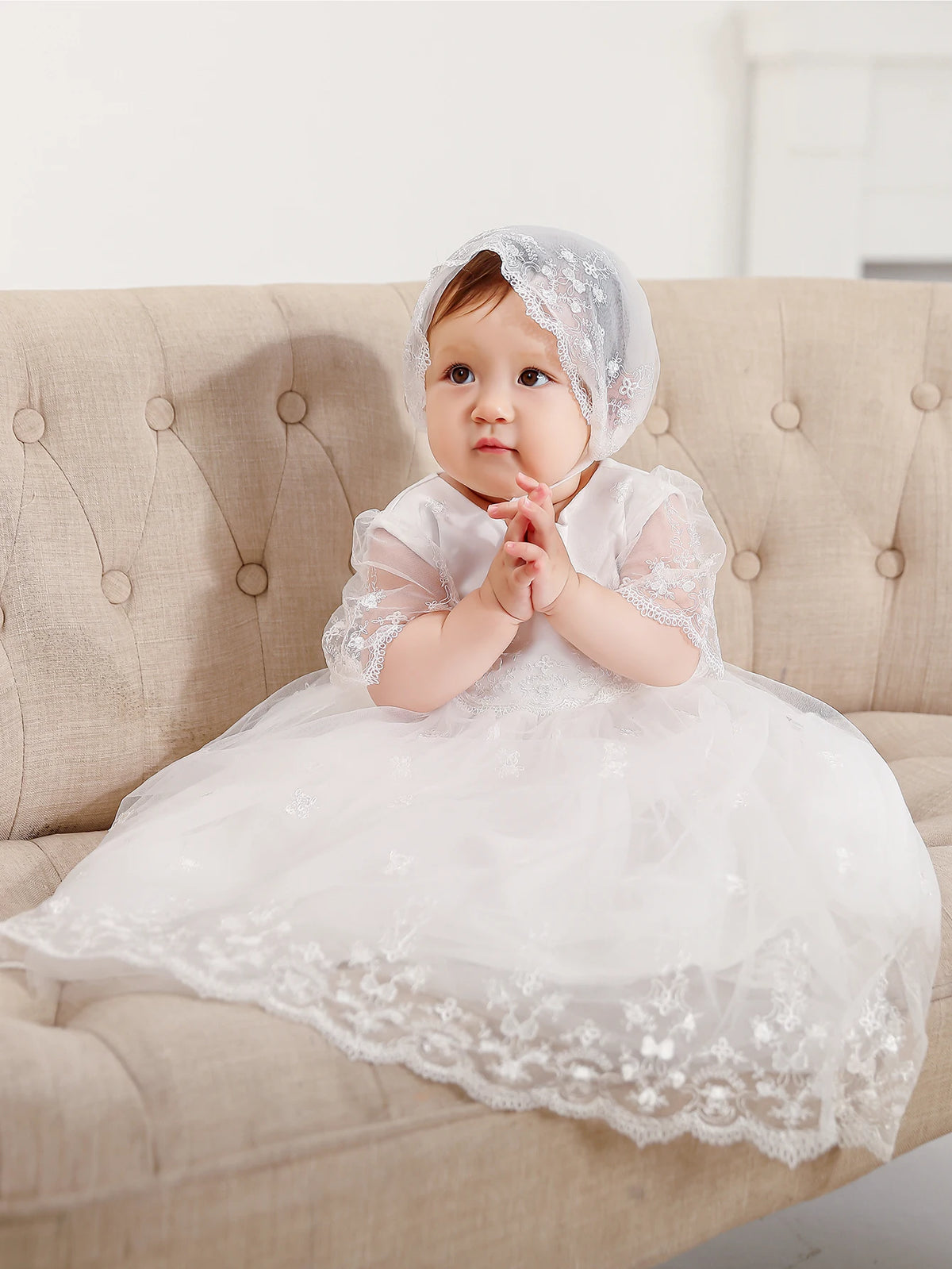 Aimee Baptism Special Occasion Dress with Lace Bonnet - The Palm Beach Baby Estimated 13 - 21 Day Shipping