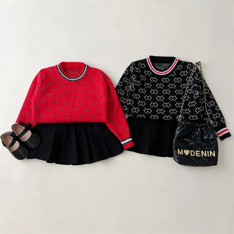 'Morgan' Classic Knit Skirt Set displayed in two chic color options: vibrant red and timeless black, featuring a cozy sweater and stylish accordion skirt.