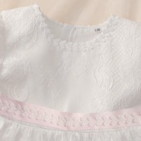 White lace Tabitha Elegant Baptism Flower Girl Dress with pink waist accent, back zipper, knee-length, 6-9M tag