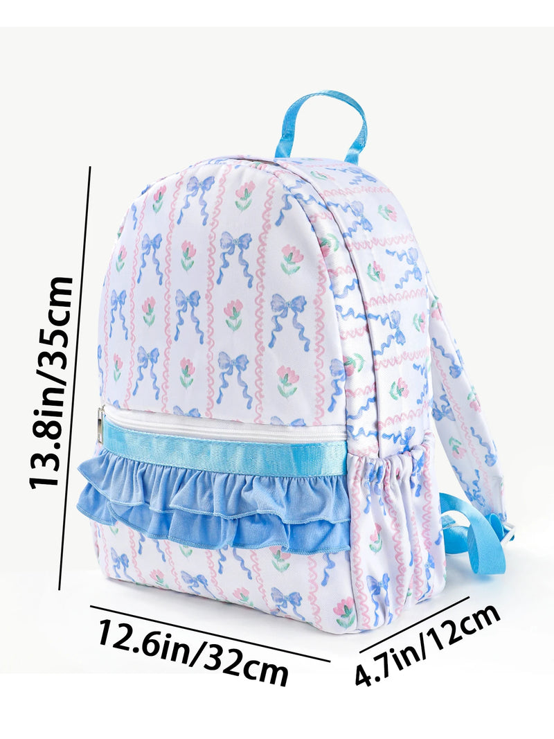 Lifestyle image of a girl carrying the Flowers & Bows Floral Printed Backpack, featuring fun floral patterns, suitable for school and fun activities.