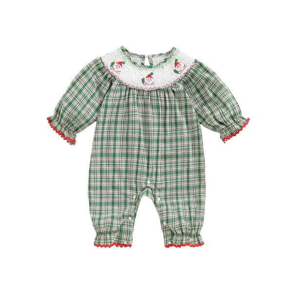 "Tartan Santa" Long Sleeve Baby Smocked Bubble Romper - The Palm Beach Baby